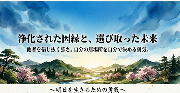 他者を信じ抜く強さと居場所を決める勇気により、浄化された因縁の末に掴み取った未来を象徴する総括スライド。