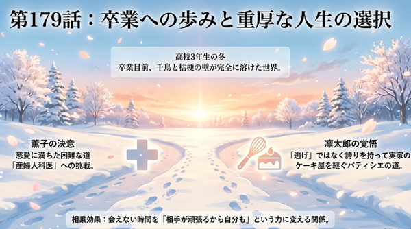 高校3年生の冬、産婦人科医を目指す薫子と実家を継ぐパティシエを目指す凛太郎の、互いを高め合う相乗効果を解説した図。