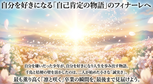自分を嫌いだった少年が人生を歩み出す自己肯定の軌跡と、二人の誠実さが千鳥と桔梗の壁を溶かした物語の総括スライド。