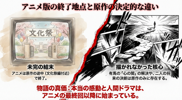アニメ版が文化祭編付近で終了している事実と、有馬の心の闇の解決など本当の人間ドラマは原作の最終回以降に始まっていることを示す比較図。