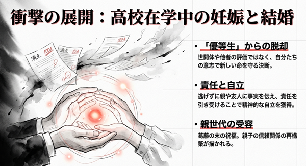 高校在学中の妊娠と結婚を通じ、他者の評価から脱却して精神的な自立を獲得し、親世代と信頼関係を再構築する過程をまとめた解説図。