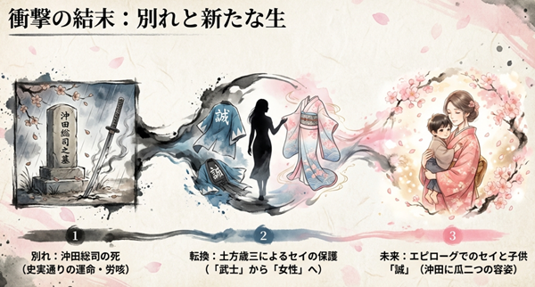 沖田総司の死（別れ）、土方歳三によるセイの保護（転換）、そしてエピローグでの子供「誠」の登場（未来）という、最終回の3つの重要な展開を描いたイラスト解説図。