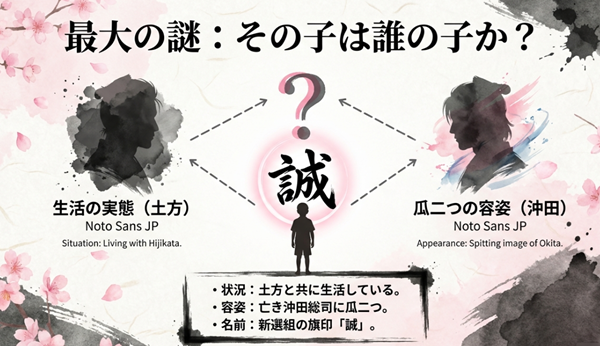 セイが土方と共に生活している実態と、生まれた子供「誠」が沖田に瓜二つであるという視覚的情報を対比させ、父親が誰かという最大の謎を提示したスライド。