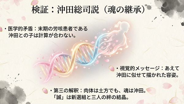 医学的な矛盾点がありながらも、あえて沖田に似せて描かれた容姿や「誠」という名前から、肉体は土方でも魂は沖田であるという「第三の解釈」を示したスライド。