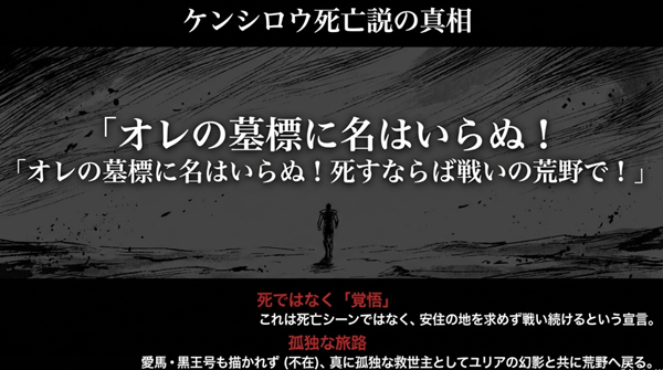 ケンシロウの「墓標に名はいらぬ」というセリフが死亡ではなく、戦いの荒野で生き続ける覚悟を示していることの解説。