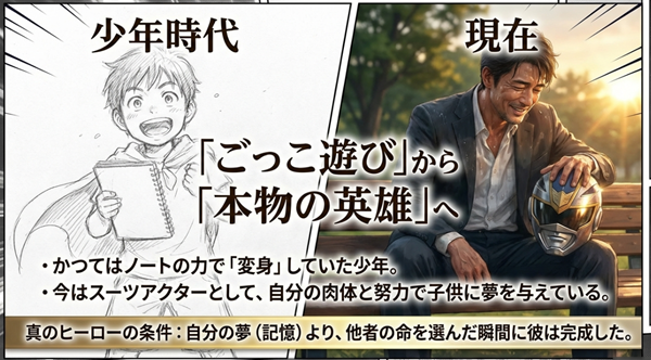 ドリムノートで変身していた少年時代から、スーツアクターとして自らの肉体と努力で子供たちに夢を与える大人へと成長した広野健太の対比解説。