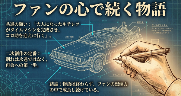 大人になったキテレツがタイムマシンを完成させコロ助を迎えに行くという、ファンの願いを込めた二次創作の定番テーマの紹介。