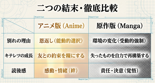 アニメ（能動的選択・情緒）と原作（受動的強制・覚悟）の別れの理由と成長の違いを比較したスライド資料。