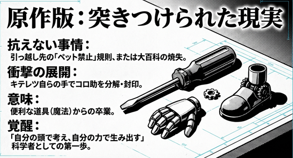 転勤に伴うペット禁止規則や大百科の焼失により、自らの手でコロ助を分解し自立を誓うキテレツの姿を解説した図。