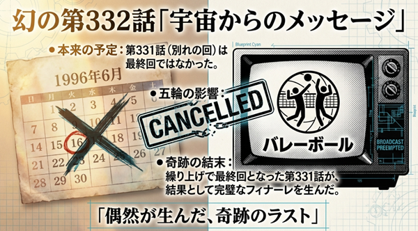 バレーボール中継によりキャンセルされた本来の最終回と、偶然が生んだ奇跡のラストシーンについて解説したカレンダー形式の図。