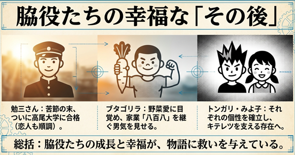 勉三さんの大学合格やブタゴリラの家業継承など、各キャラクターの個性の確立と成長を描いたイラスト付きスライド。