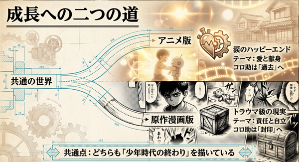 アニメ版（愛と献身、過去へ）と原作版（責任と自立、封印へ）のテーマとコロ助の行方の違いをまとめた比較図。