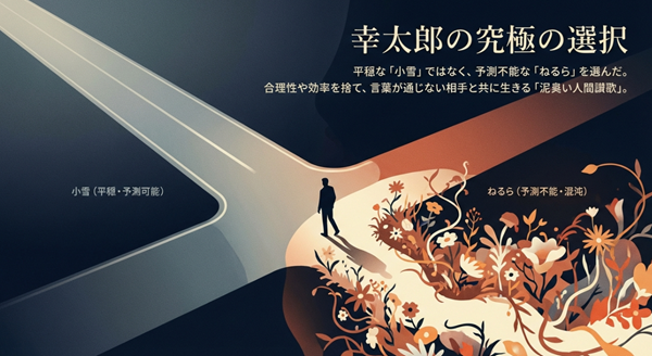 予測可能な平穏（小雪）ではなく、予測不能な混沌（ねるら）を人生のパートナーとして選んだ幸太郎の合理性を超えた決断を解説したスライド。