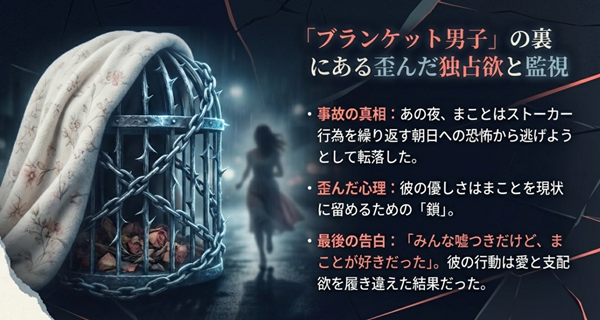 転落事故の夜、まことが朝日によるストーカー行為から逃げていた事実と、朝日の「愛と支配欲を履き違えた」歪んだ心理描写を解説したスライド。