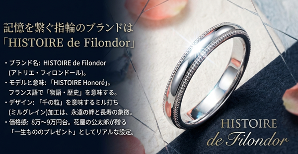 ドラマに登場した指輪ブランド「アトリエ・フィロンドール」のモデル名、フランス語での意味（物語・歴史）、ミル打ちデザインの特徴や価格感をまとめた詳細データ図。
