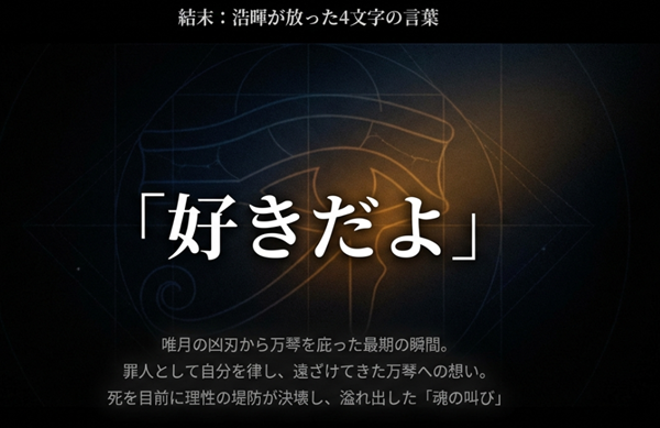 死を覚悟した最期の瞬間に浩暉が万琴へ放った「好きだよ」という言葉。理性の堤防が決壊し溢れ出した想いを解説したスライド