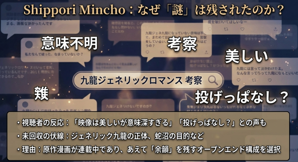 2025年8月公開の実写映画版とアニメ版の違いを解説したスライド。尺の都合によるラブロマンスへの特化や結末の違い、吉岡里帆の声優出演トリビアなど。