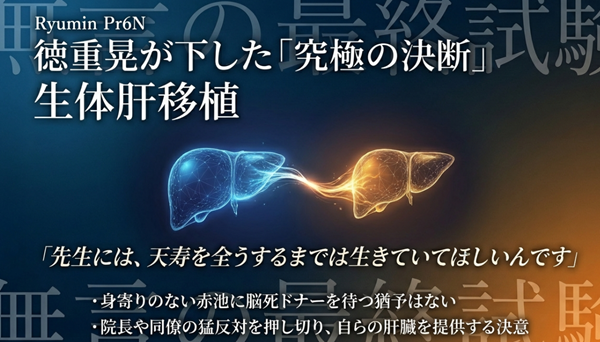 : 師を救うため、周囲の反対を押し切り自らの肝臓を提供する「生体肝移植」を決断した徳重の覚悟を示す解説図