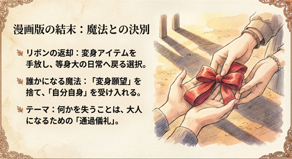 漫画版『姫ちゃんのリボン』における最終回のテーマ解説。リボンの返却、変身願望からの卒業、そして大人になるための通過儀礼としての「喪失」についてまとめたスライド。