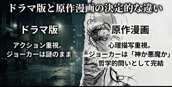 アクション重視のドラマ版と、心理描写やジョーカーの哲学的問いを重視した原作漫画の違いを比較したスライド。