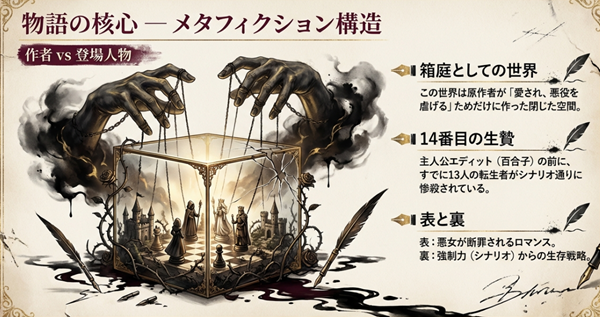 物語のメタフィクション構造を解説する図。原作者が「愛され、悪役を虐げる」ために作った箱庭のような世界と、14番目の生贄となったエディットの状況を説明。