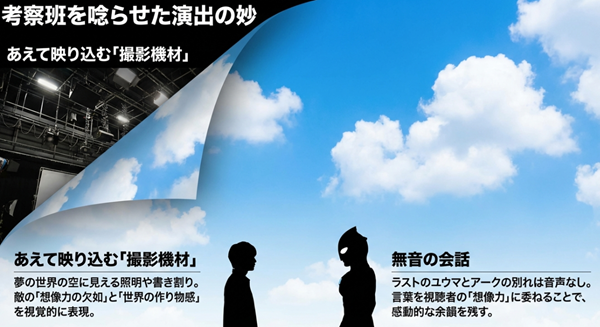 夢の世界で意図的に見せた撮影スタジオの裏側によるメタフィクション演出と、ラストシーンの「無音の会話」に込められた意味についての考察資料。