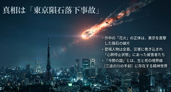 今際の国の正体が、東京を直撃した隕石事故による心肺停止状態の精神世界であることを解説した図。