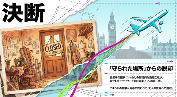 実果子がロンドン留学を決め、青春の象徴だったアトリエ「アキンド」が閉店する様子と、大人の世界へ挑戦する決意を表現した図解。