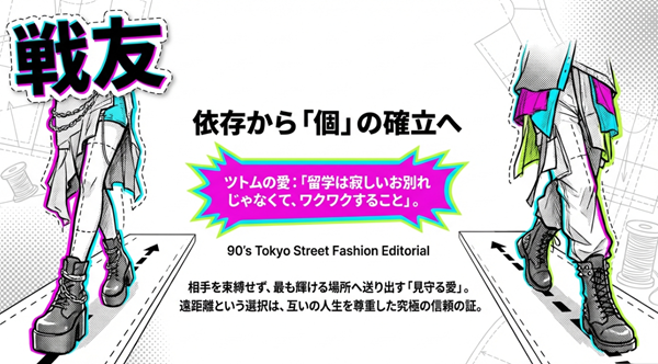 実果子とツトムが互いの夢を尊重し、束縛せずに最も輝ける場所へ送り出す「見守る愛」と「戦友」としての関係を描いたイラスト。