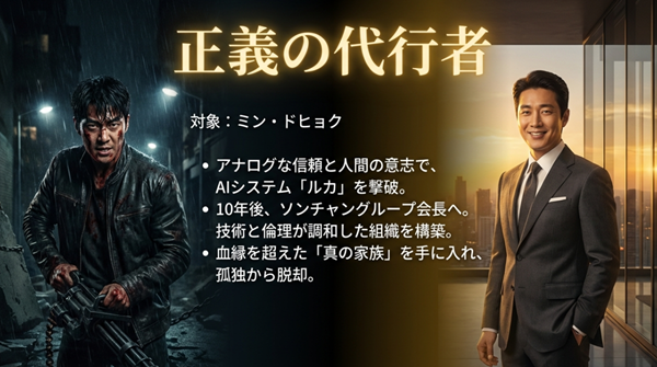 ミン・ドヒョクがアナログな信頼でAI「ルカ」を撃破し、10年後に技術と倫理が調和したソンチャングループの会長として血縁を超えた家族を手に入れた結末の解説。
