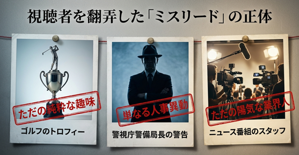 ドラマ内で怪しいと思われていたゴルフ、警察、ニュース番組スタッフなどの要素が、実はただの趣味や人事異動であったことを整理したスライド。