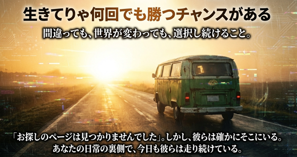 記事のまとめスライド。「お探しのページは見つかりませんでした」としても、彼らは確かにそこにいるという希望と、「間違っても選択し続けること」の尊さを伝えるメッセージ。