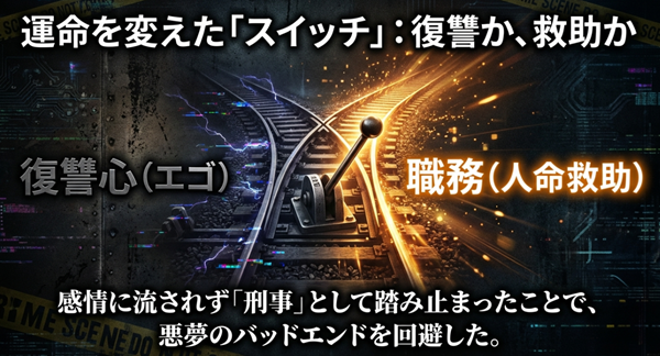 トロッコ問題を模した分岐点の解説。復讐心（エゴ）ではなく、職務（人命救助）を選んでハンドルを切ったことが、バッドエンドを回避する決定的な「スイッチ」となったことを示す図。