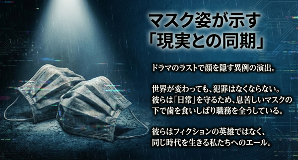 最終回ラストシーン、マスク姿の伊吹と志摩。世界が変わっても犯罪はなくならず、息苦しい日常の中で職務を全うする彼らの姿が、現代を生きる人々へのエールであることを解説。