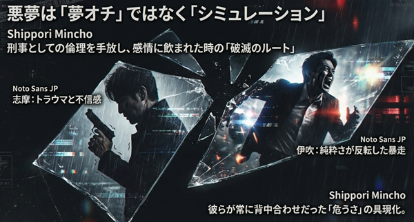 志摩のトラウマによる不信感と、伊吹の純粋さが反転した暴走。二人が刑事としての倫理を失い、感情に飲まれた時に訪れる破滅のルートを解説したスライド。