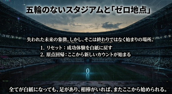 1964年から続く夢がリセットされた国立競技場の画像。終わりではなく、全てが白紙になった場所から新しいカウントが始まる「ゼロ地点」としての意味合いを解説。