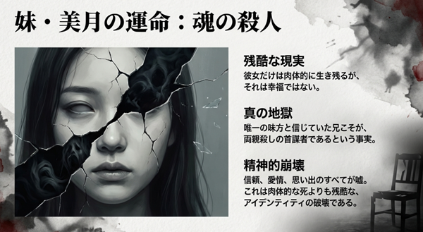 肉体的な死よりも残酷な「魂の殺人」。信頼していた兄が両親殺しの首謀者だと知った美月のアイデンティティ崩壊を表すイメージ図。