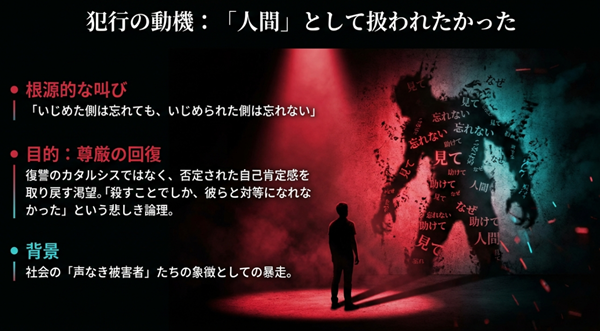 「助けて」「見て」という文字が並び、尊厳の回復と愛への渇望が犯行の動機であったことを示す概念図。