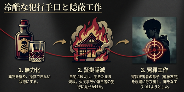 犯人が行った「薬物での無力化」「放火による証拠隠滅」「遠藤友哉への罪のなすりつけ」という3段階の犯行手口を解説した図。