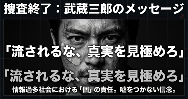 すべての事件を終えた武蔵三郎が視聴者に投げかけた「流されるな、真実を見極めろ」というメッセージと、情報社会における個人の責任を問うテキストスライド。