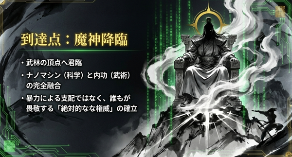 ナノ魔神の結末における主人公の到達点。武林の頂点への君臨、ナノマシン（科学）と内功（武術）の融合、そして暴力ではない絶対的な権威の確立についての解説。