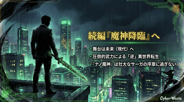 ナノ魔神の続編『魔神降臨』について。舞台が現代（未来）へと移り、圧倒的な武力による逆異世界転生が描かれる壮大なサーガの解説。
