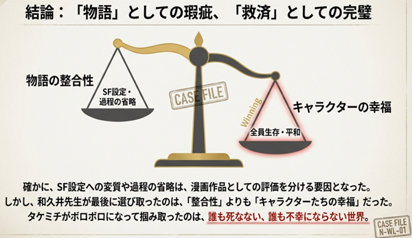 SF設定や過程の省略という物語上の瑕疵よりも、キャラクター全員が笑って過ごせる「幸福」を優先した最終回の意図を表す天秤の図