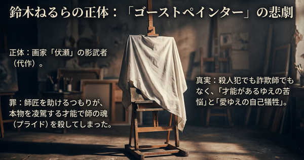 鈴木ねるらが実は画家「伏瀬」の影武者（代作）であり、才能ゆえに師匠を追い詰めてしまった罪悪感と愛ゆえの自己犠牲を解説した図。