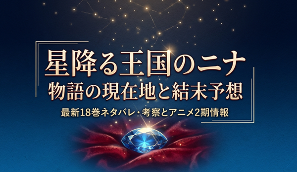 漫画『星降る王国のニナ』の最新18巻における連載状況（未完）、アズールの獣の神化、ニナの決断など、物語のクライマックス状況をまとめた解説スライドの表紙。