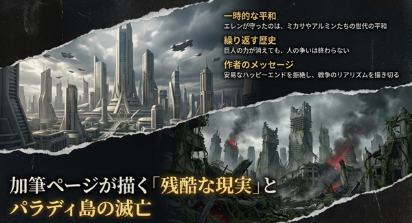 単行本加筆ページで描かれたパラディ島の滅亡と、エレンが守ったのがあくまで一時的な平和であったことを示す「戦争のリアリズム」についての解説。