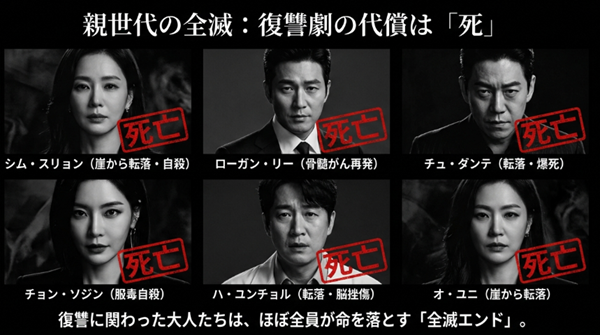 チュ・ダンテ、シム・スリョン、ローガン・リーなど、ペントハウス3で死亡した主要キャラクターの一覧と、親世代の全滅エンドを示した解説図。