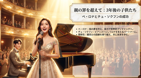 世界的プリマドンナとなったペ・ロナと、彼女を支えるピアニストのチュ・ソクフンが、親の因縁を乗り越えて成功した3年後の姿。