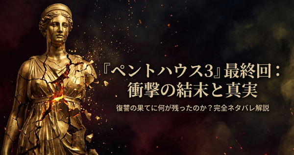 韓国ドラマ『ペントハウス3』最終回のネタバレ、あらすじ、そして衝撃的な結末と復讐の果てに残った真実を解説したスライドの表紙。