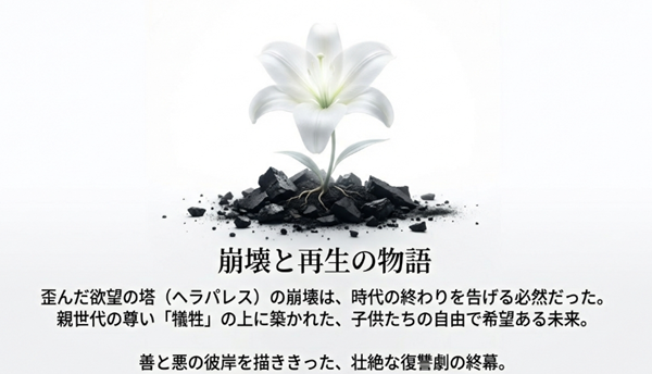 瓦礫の中から咲く白いユリの花のビジュアルと共に、歪んだ欲望の塔の崩壊と、その犠牲の上に築かれた子供たちの希望ある未来を表現したまとめスライド。